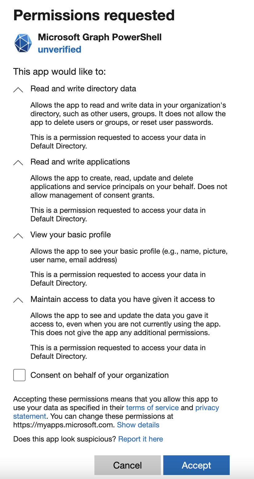 Screenshot of PowerShell Graph Permissions